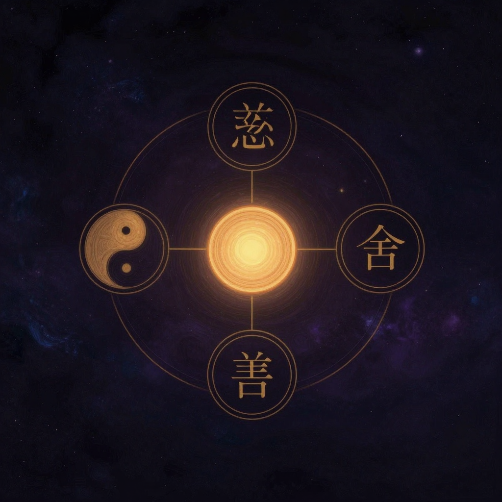 慈悲喜舍：四颗不同质感的圆形符号在空旷中排列成曼陀罗状，分别代表慈、悲、喜、舍，彼此之间由细线相连，形成环状回路，圈内留白如水，符