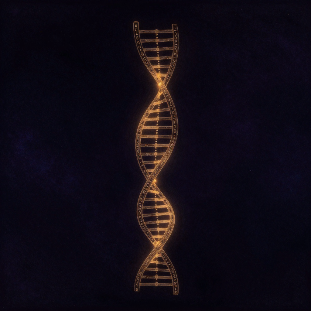 生物信息学：一条右手螺旋的双螺旋DNA链，两条主链反向平行，碱基对以A-T、C-G配对，链间悬浮着清晰的数字代码或二进制流（0/1）