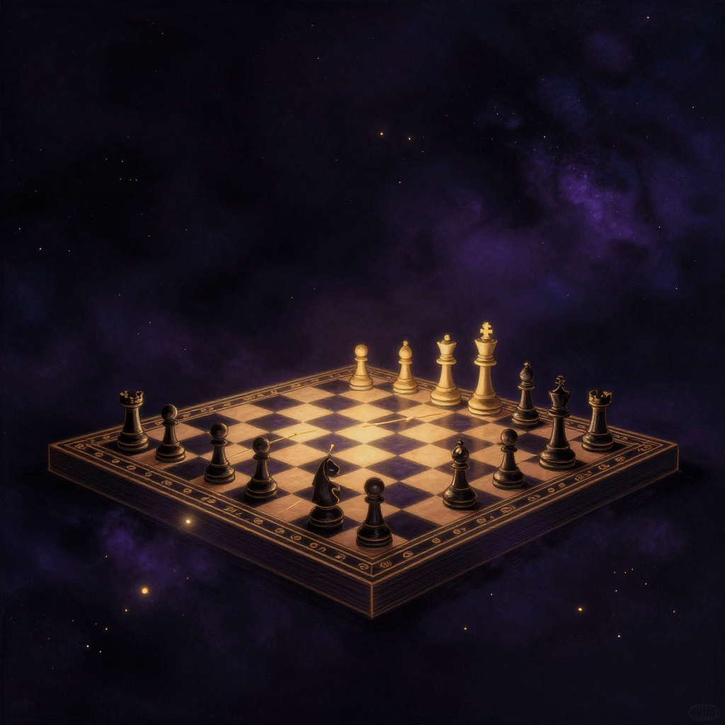 语言游戏：一张国际象棋棋盘置于空旷之中，棋盘上散落着王、后、兵等若干棋子，几道细线箭头标注出棋子可能的移动路径，棋盘一角透出一缕极