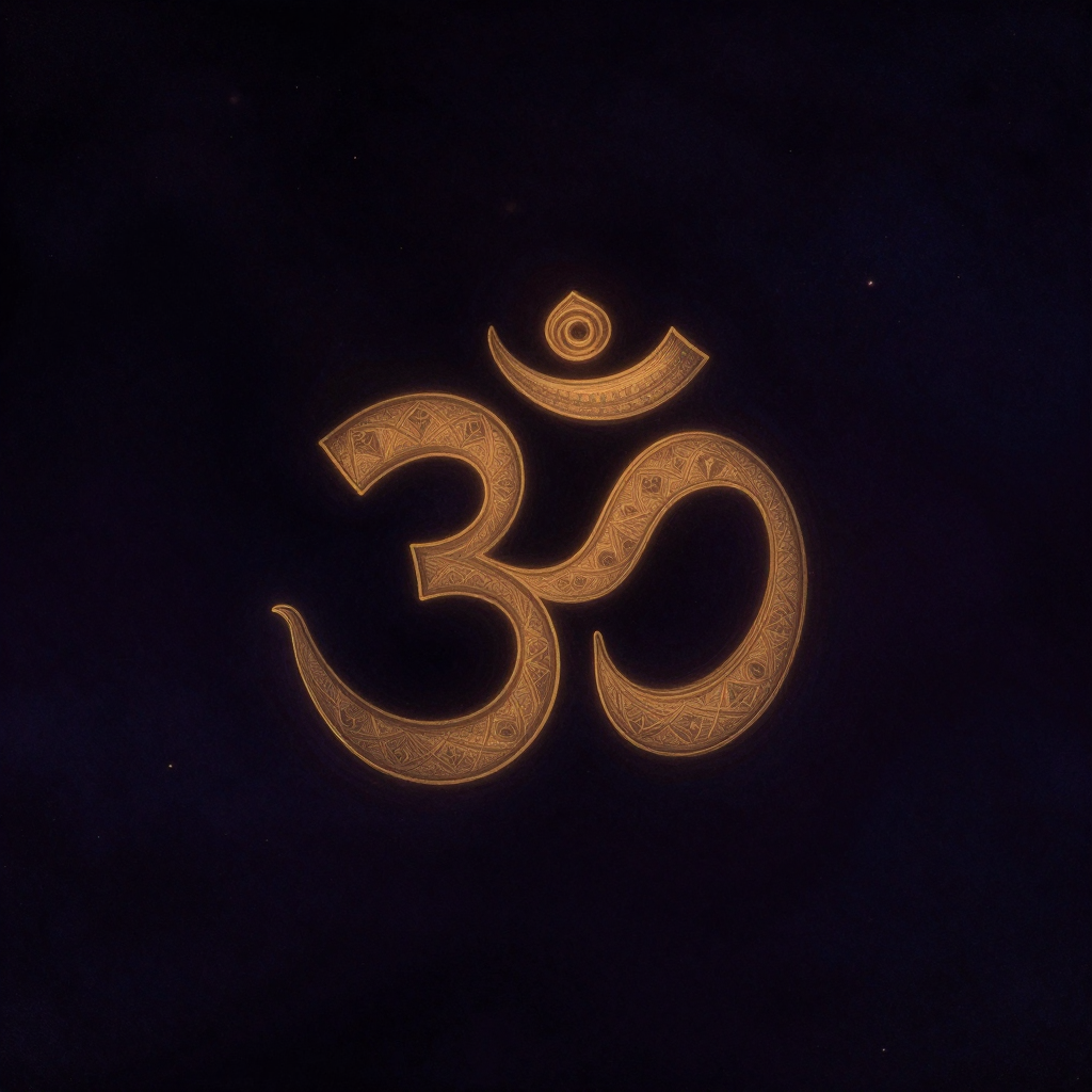 梵语：天城体书写的神圣音节ॐ（OM）悬于大片空寂之中，三笔曲线与一点一月清晰可辨，笔画出锋处透出极细微光，余处归于深空