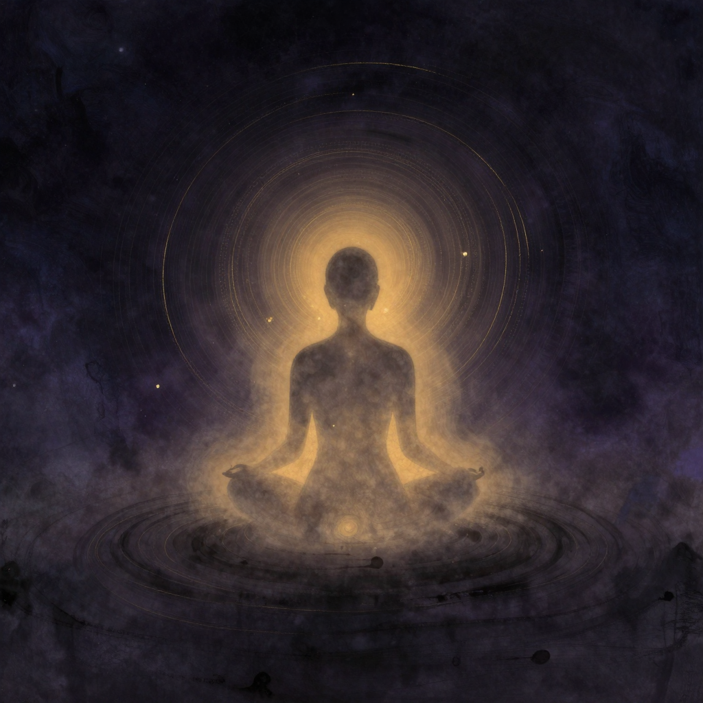 卫气：一个盘坐的人形背影，轮廓清晰，体表外约一指处包裹着一层流动的淡暖雾层，呈沿脊柱向上、向外舒展的螺旋波纹，大片空处，雾层边