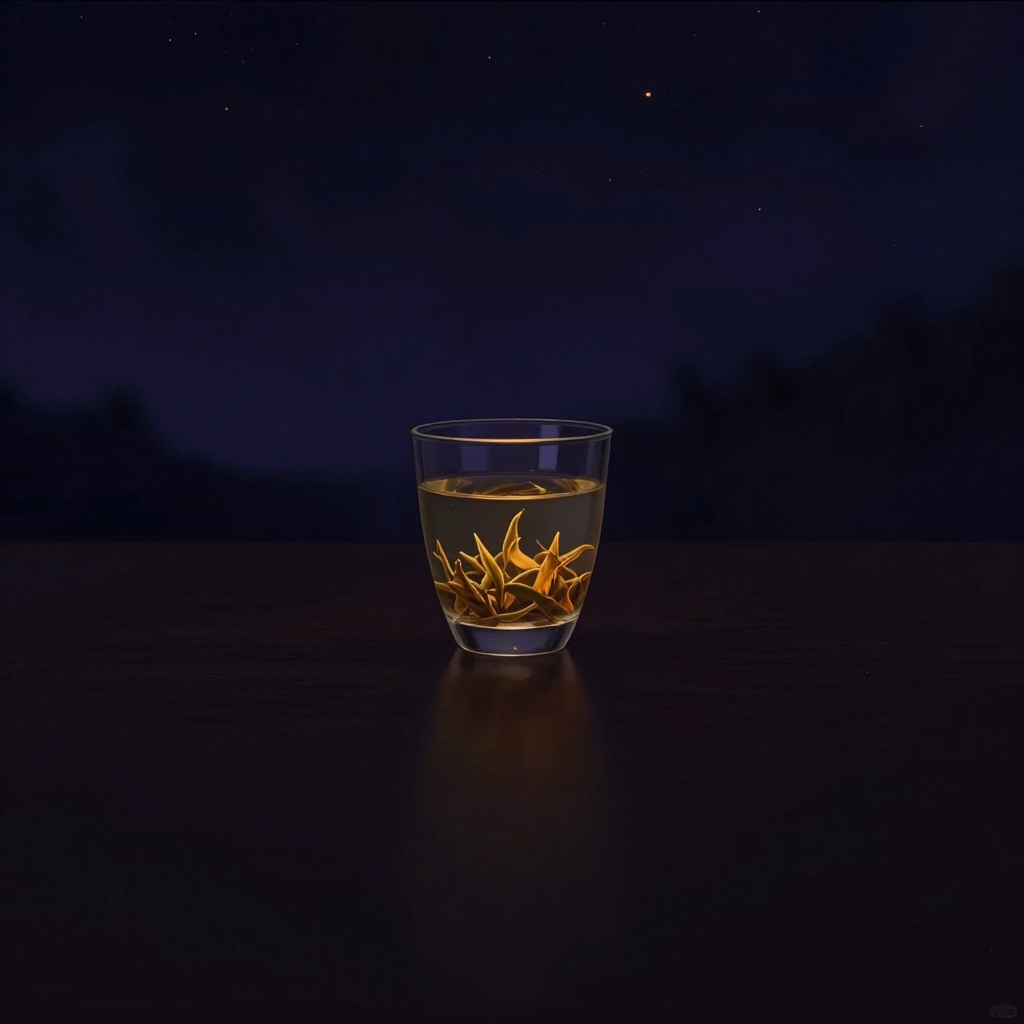 美学：一只透明玻璃杯立于大片空旷桌面上，杯内一片完整茶叶从蜷曲缓缓舒展至完全展开，水中漾开一缕清浅的色泽，杯壁外缘有一道极细的