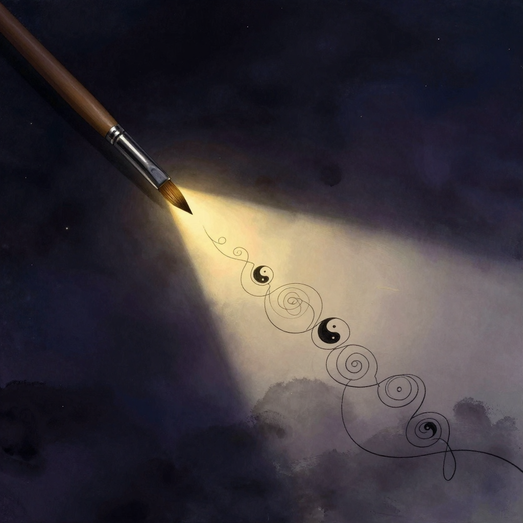 艺术创作：一支旧画笔搁在粗纸一角，笔尖延伸出连续、自由游走的线条——线条盘旋交错，无预设形态，抽象而自然，纸面大片留白，线条是画面