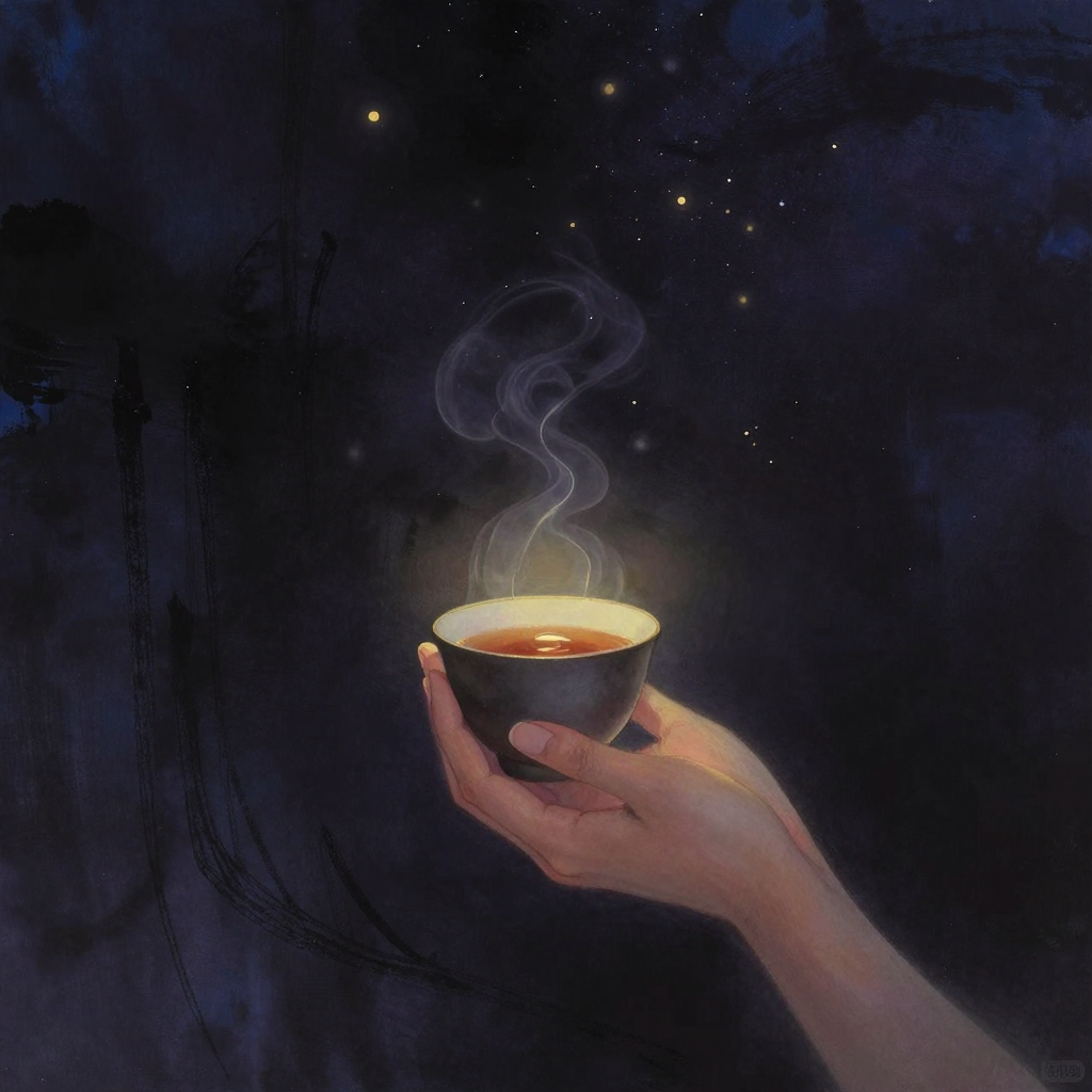 生活实践：一双朴素的手捧着一只日常陶杯，杯中是深色茶汤，一缕柔和水汽袅袅上升，四周大片空旷，唯杯沿近处有微光柔和透出