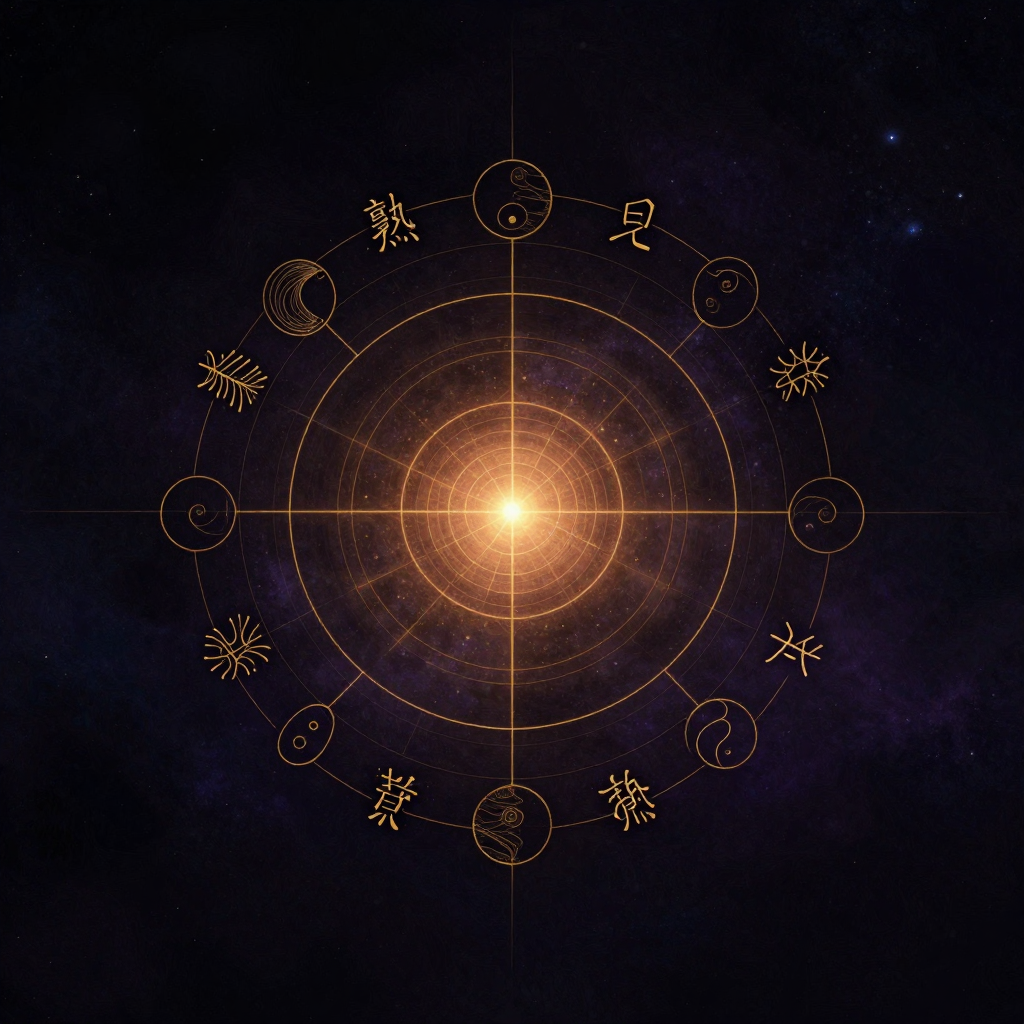 列维-斯特劳斯：一幅由极细金线构成的对称结构图悬浮于大片空旷之中：左侧是黑、生、自然等一系列对立项，右侧是白、熟、文化等一系列对立项，两
