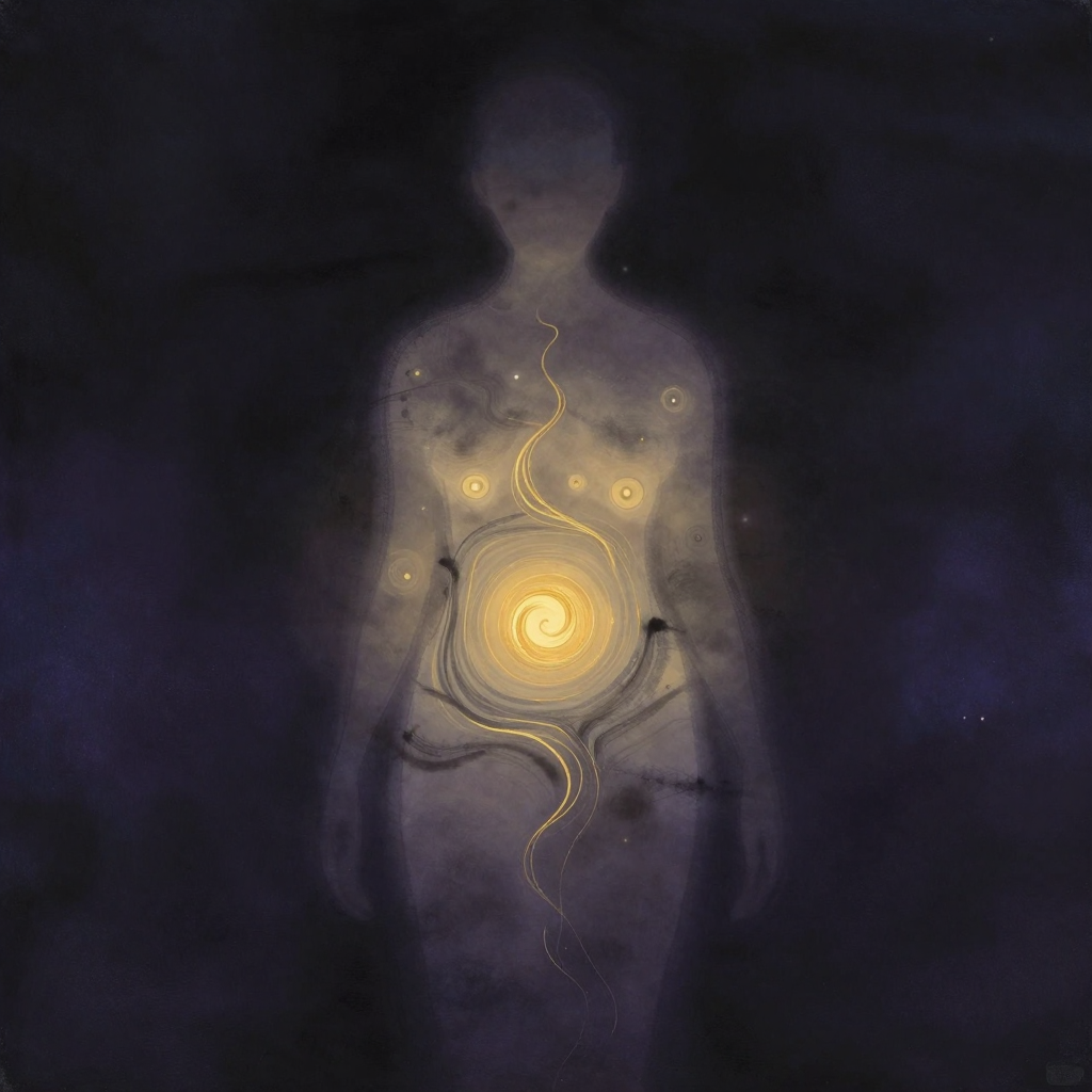 三焦：一具人体躯干的轮廓立于空旷暗处，其中上中下三片纵向排列的半透明雾状区域柔和浮现——上焦如弥散薄雾、中焦如温沤旋动、下焦如