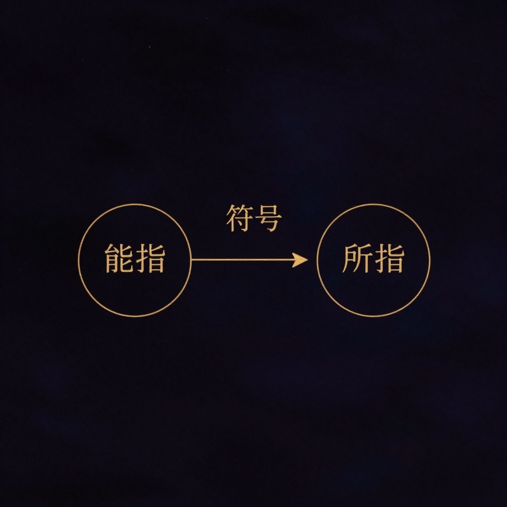 符号学：两个简洁的椭圆横向并列，左侧椭圆内标注‘能指’，右侧椭圆内标注‘所指’，中间以一水平箭头相连，箭头正上方标注‘符号’。两