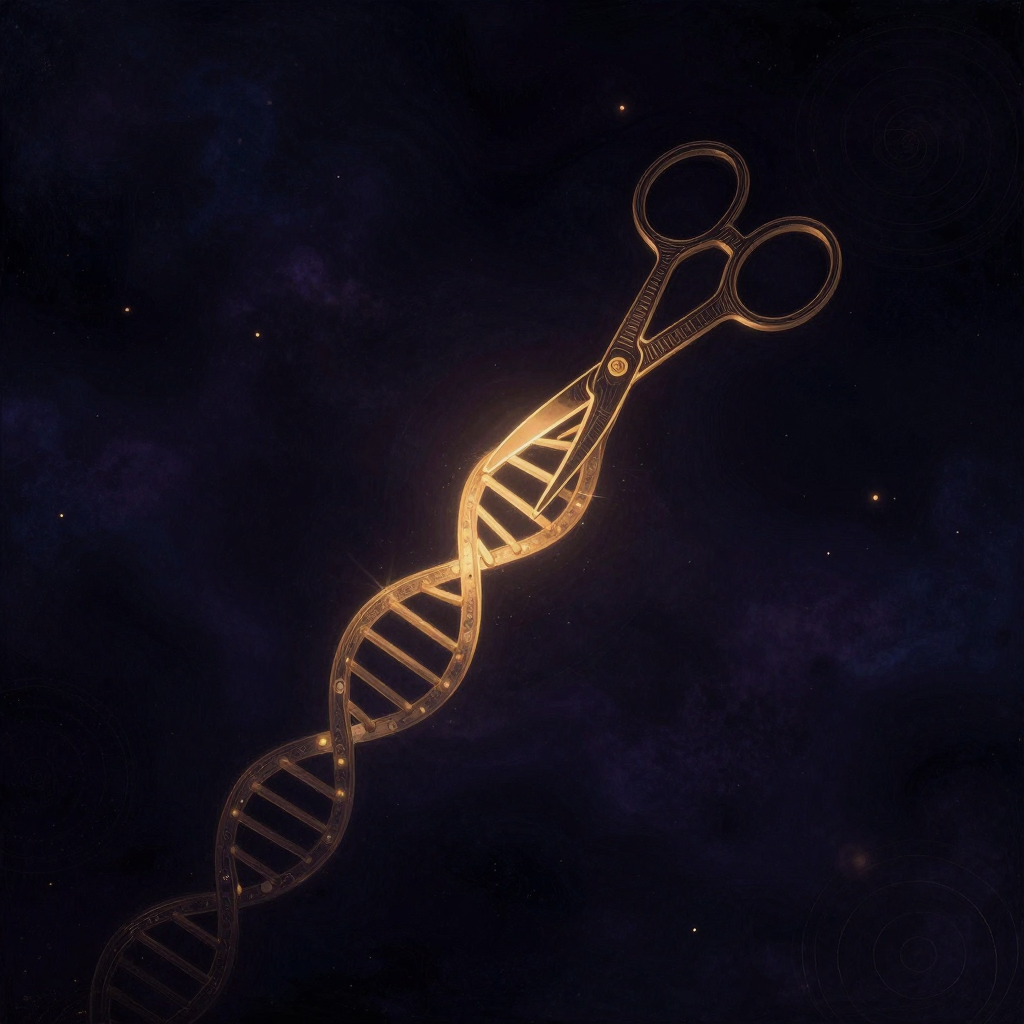 基因编辑：一把由蛋白质与向导RNA构成的分子剪刀悬于DNA双螺旋上方，剪刀口对准双链中一段特异的碱基序列，螺旋链保持着反向平行的标