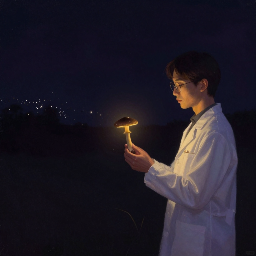 蒂莫西·利里：一位清瘦学者身穿白色实验服、戴圆框眼镜，侧身立于空旷暗处，手中轻握一株裸盖菇，细长菌柄与深色菌盖清晰可辨，余处大片留白，