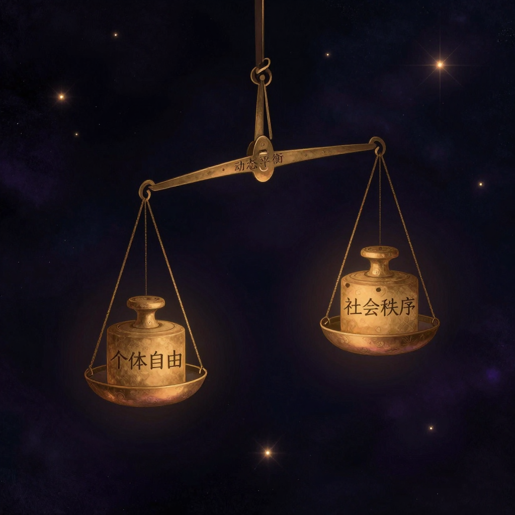 公共政策：一座古铜天平悬于空旷中，两端各置一枚标准砝码，左侧砝码刻着‘个体自由’，右侧砝码刻着‘社会秩序’，横梁中央刻有‘动态平衡