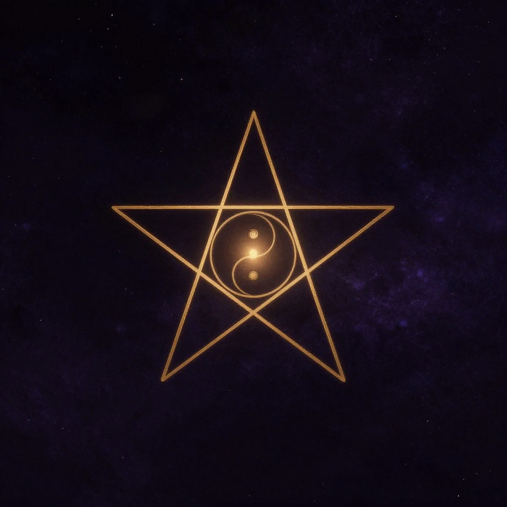 毕达哥拉斯学派：一个内接五角星的正五边形置于画面中央，五角星的五个顶点精准落在正五边形的五个顶点上，内部形成一个小正五边形；线条清晰有力