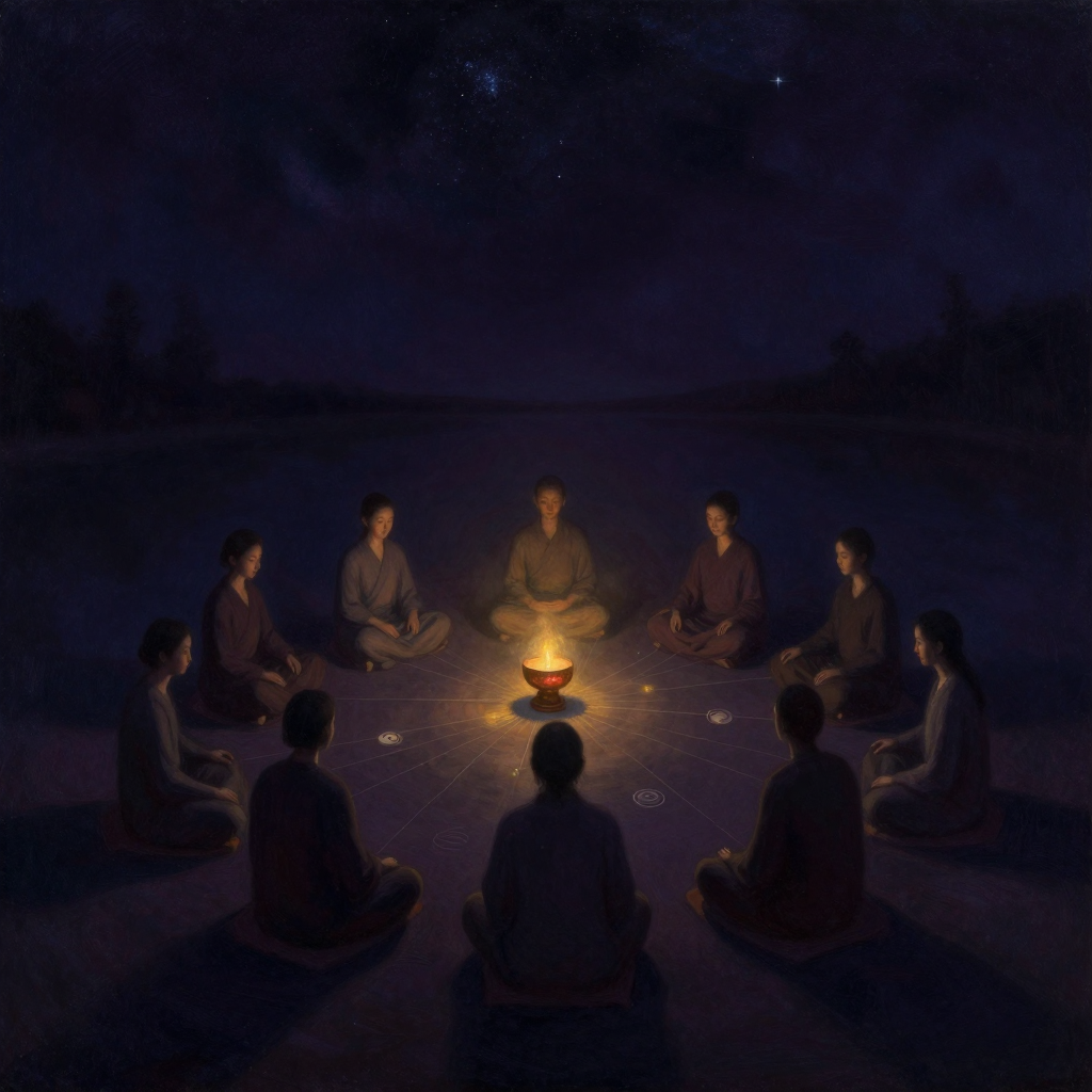 僧伽：一群修行者围坐成圆环，姿态安详，中心一盏旧铜灯散发出微弱光晕，细线般的光流从灯延伸至每个人，织成一张悬浮的网，四周大片空