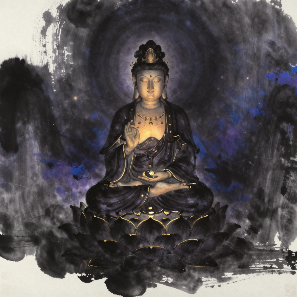 观自在：一尊菩萨结跏趺坐于莲台之上，双目微垂，面容宁静安详，双手结禅定印置于腹前，四周大片空灵留白，菩萨身前一道极细微的暖光自内
