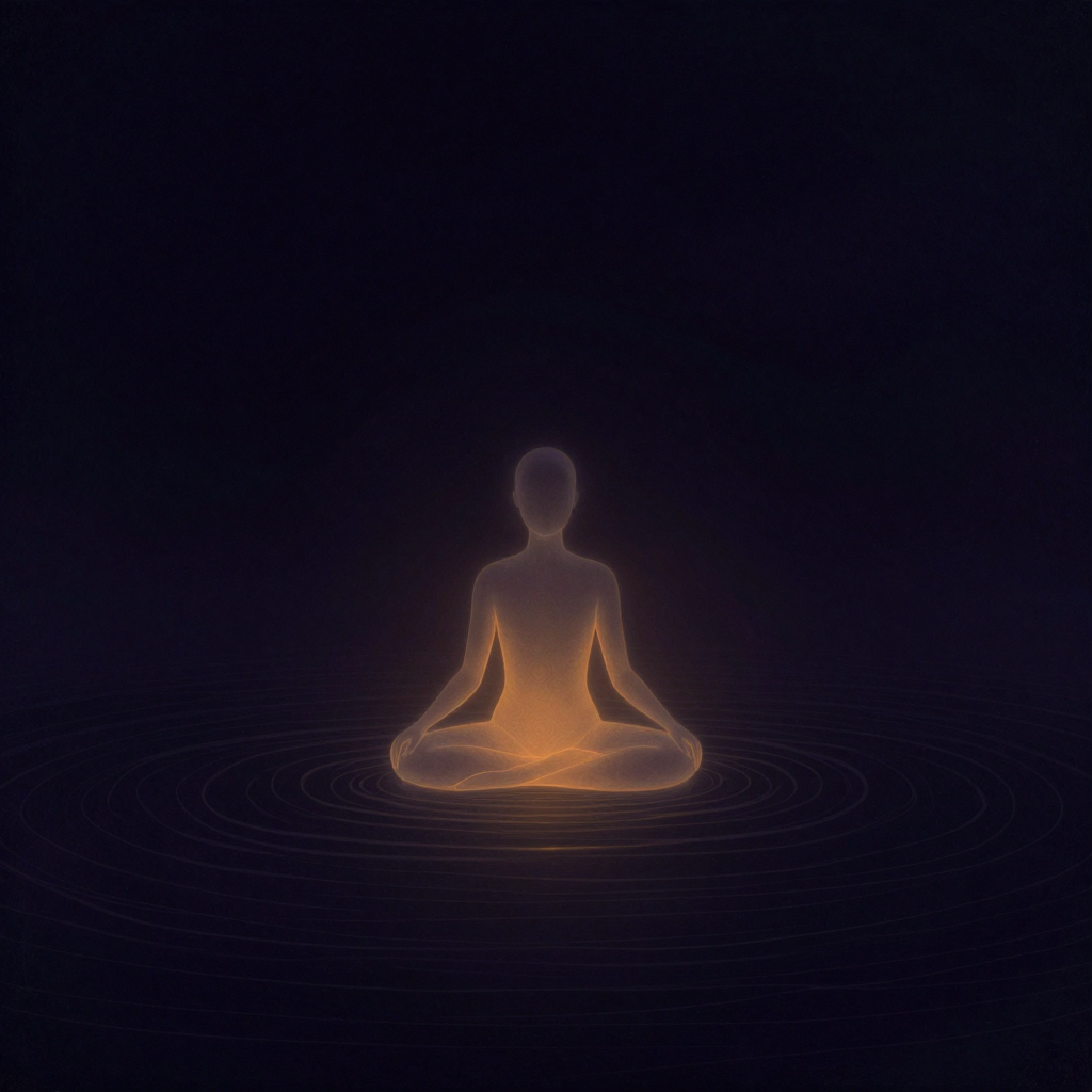 灵性临在：一个极其简约的半透明人形轮廓静坐于广阔空处，无面部细节，双手自然垂放膝上，轮廓内部发出柔和微光，眼睛睁开但无焦点，周围弥