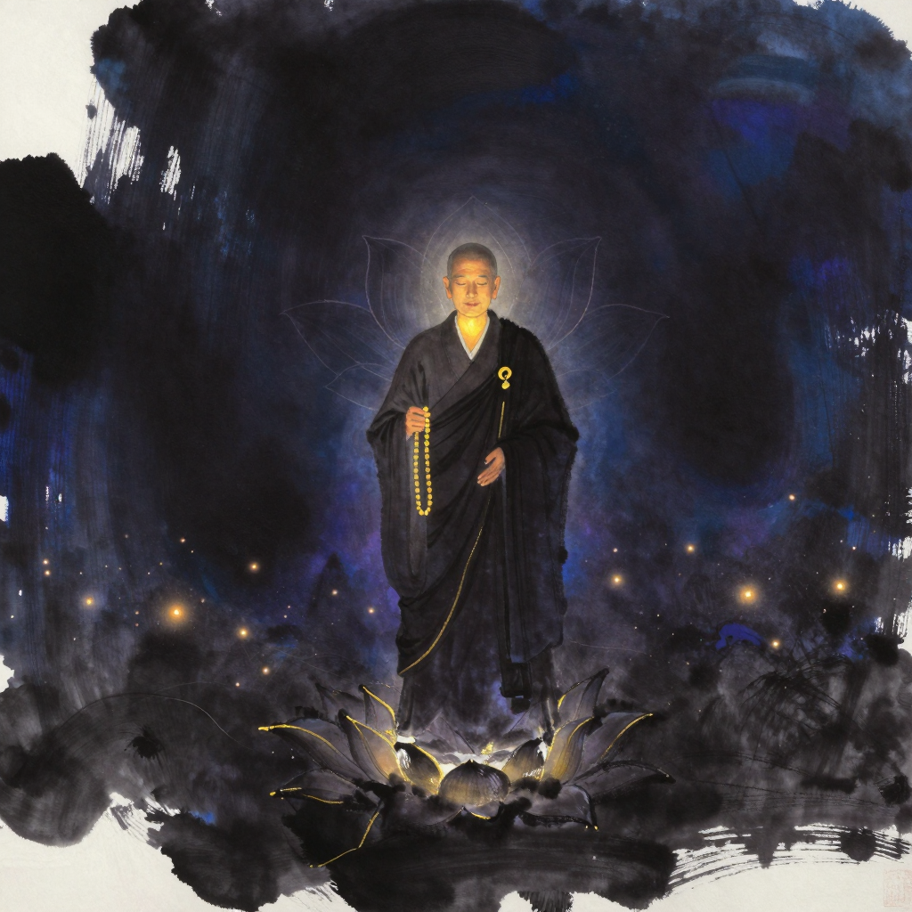 善导大师：一位身着袈裟的老僧立于空旷深处，右手持一串念珠，左手微垂，口微张作念佛状，身后大片留白中隐约浮现一朵莲花轮廓，莲瓣合拢，