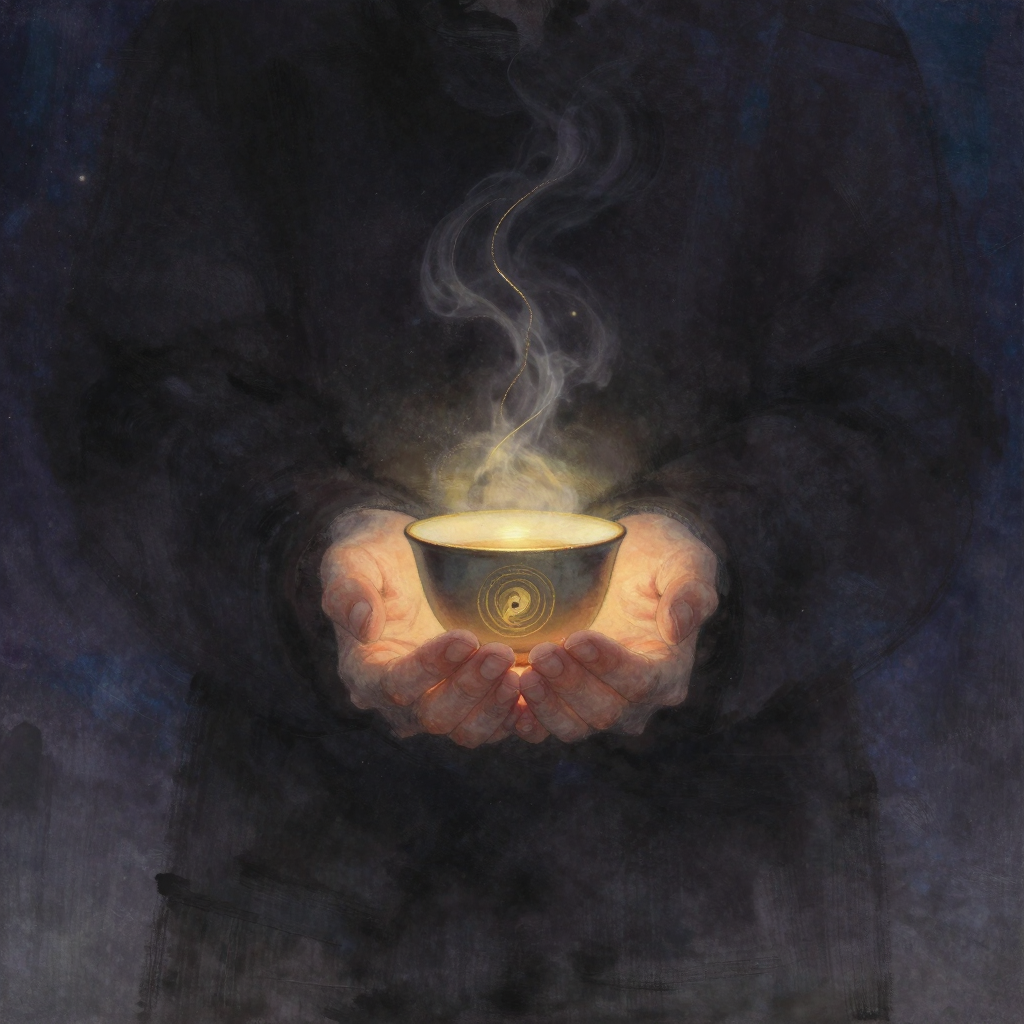 日常生活：一双完整的手掌从两侧捧起一只粗陶茶杯，杯口升起一缕清晰水汽轨迹，双手与茶杯构成画面唯一焦点，四周大片留白