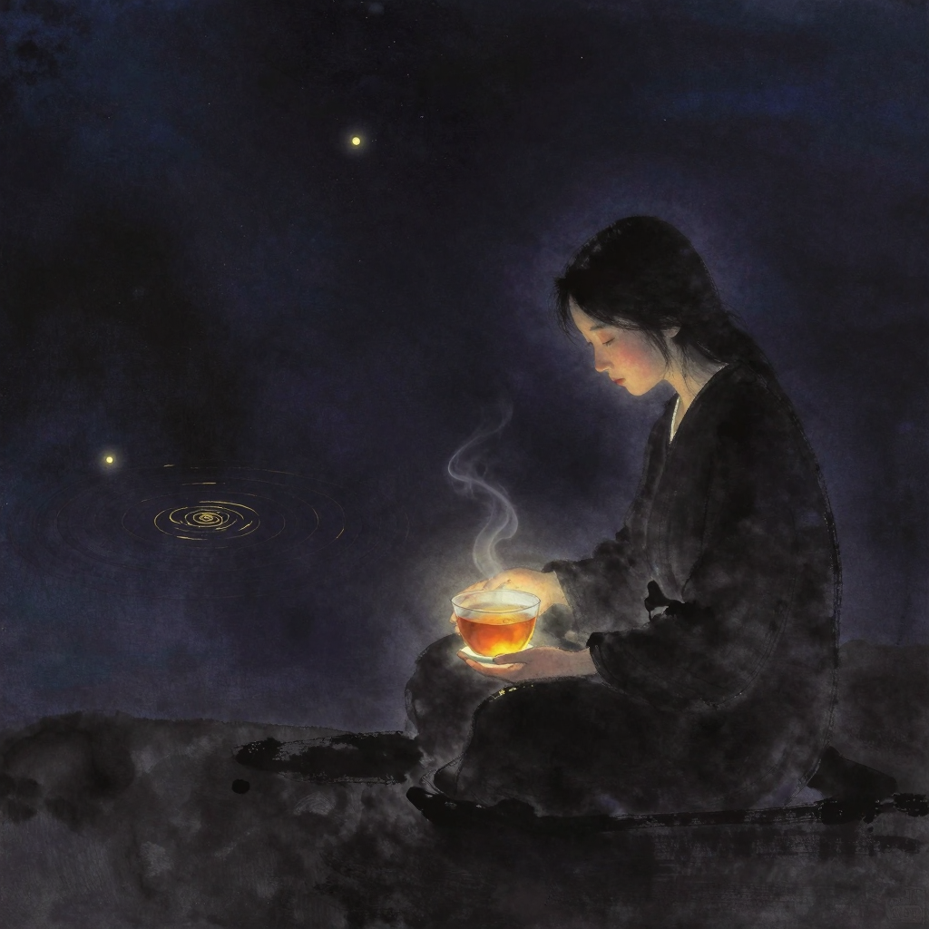 生存美学：一人静坐于简朴案前，双手捧一杯清茶，动作缓慢从容，眼眸低垂专注，茶杯微倾，水汽袅袅上升，四周留有大片空旷，茶与人是画面唯