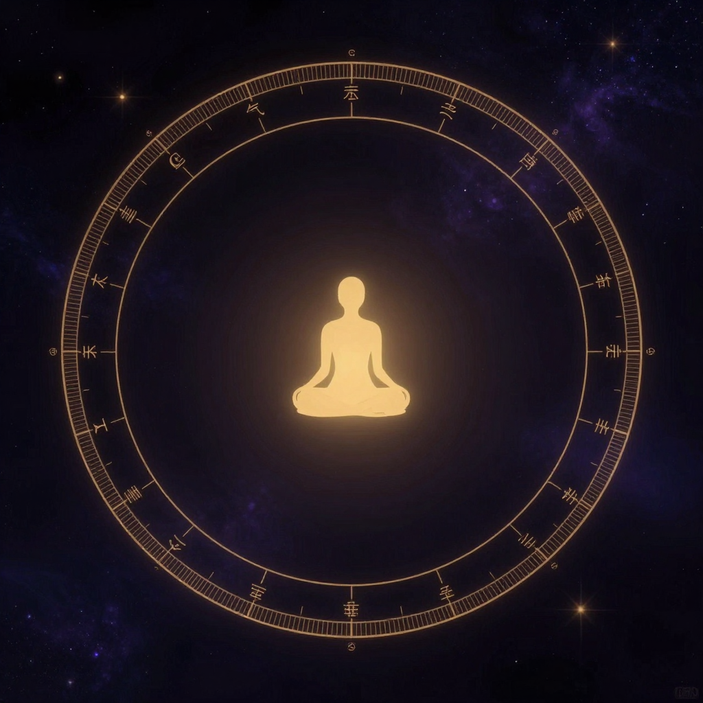 节气：一个被均匀二十四道短刻度等分的大圆环，每道刻度旁贴着细小的节气名，圆心处一个静坐的人形剪影，人与圆环之间是大片空旷，圆环