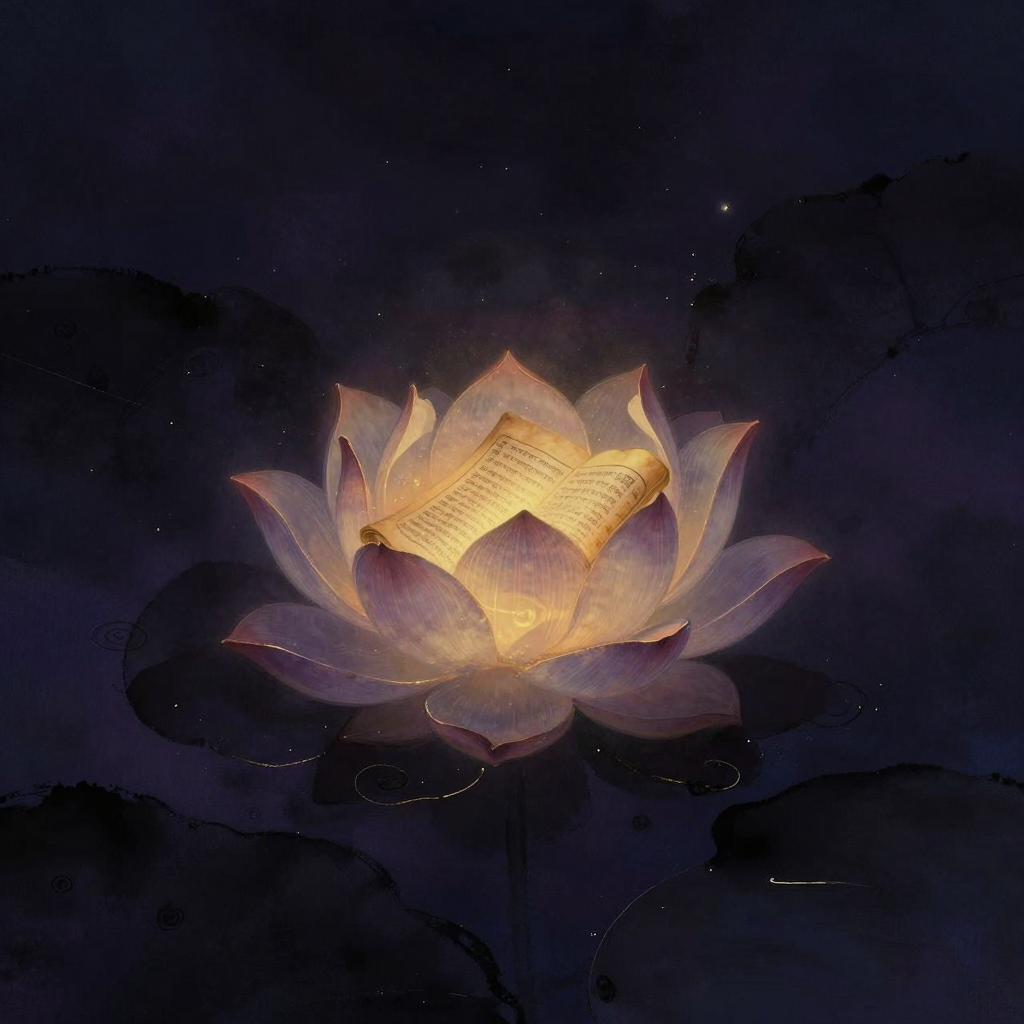 法华三昧：一朵盛开的莲花悬浮于空旷中，莲瓣层层舒展如呼吸开合，中央托着一卷泛黄经卷，经卷上隐约可见梵文痕迹，莲瓣边缘与经卷之间有一