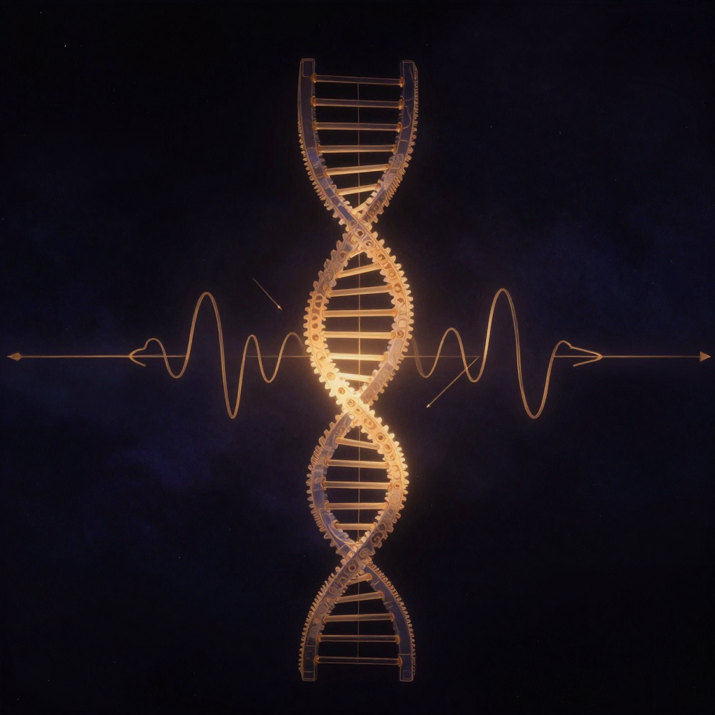 生物物理：一组半透明的右旋DNA双螺旋悬浮于空旷深色空间，两条链分别由金属齿轮和螺旋弹簧构成、咬合精准，一串平滑正弦波横穿螺旋中部