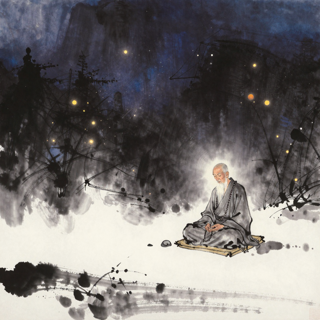 虚云老和尚：一位清瘦长须的老僧端坐于蒲团上，身着灰色僧袍，手持念珠，面容清癯双目微垂，置于一片雪地山林之中，四周是大片空旷与静默，远