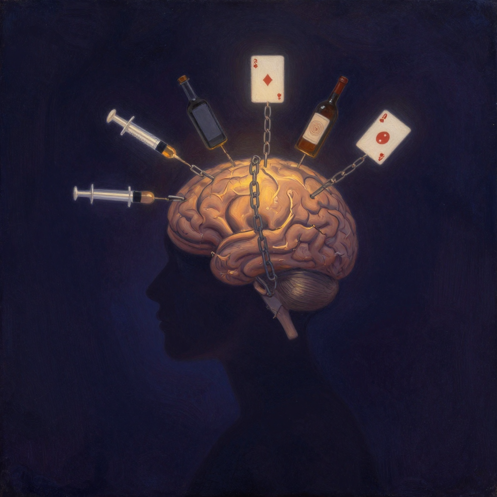 成瘾医学：一个大脑的侧影，锁链精密地缠绕在额叶区域，锁链末端分别连接注射器、酒瓶、手机和扑克牌，四件器物散落于空处，大脑表面浮现细