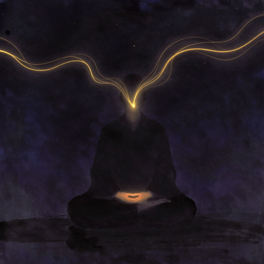 Pranayama：一人盘坐于空寂中，双手轻放膝上，拇指与食指相触成智慧手印；两道柔缓的波浪形气流线条从鼻孔进出，螺旋环绕，余处大片留白，气
