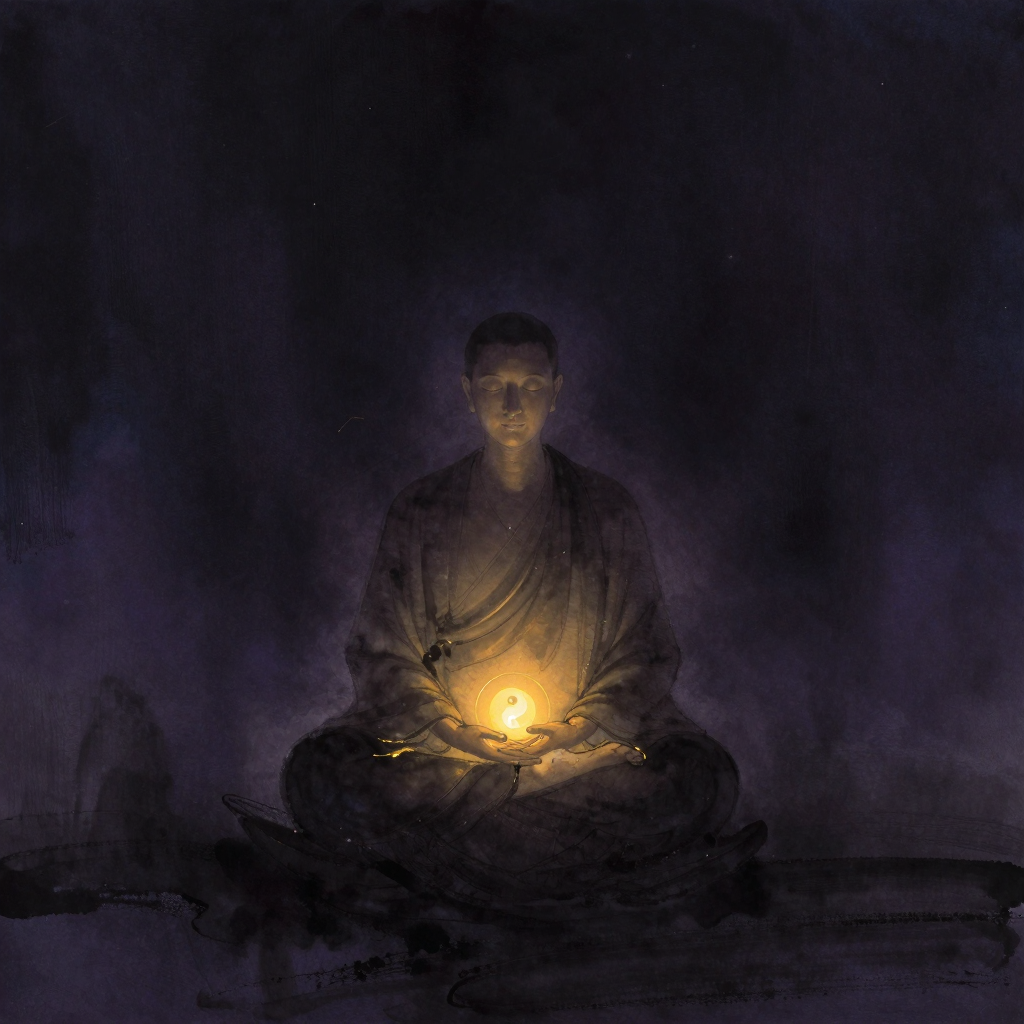 Asana：一位修行者以莲花坐姿端坐，双脚脚背置于对侧大腿根部，脊柱挺直，双手结智慧手印——拇指与食指轻触，双目微闭，姿态稳定宁静，