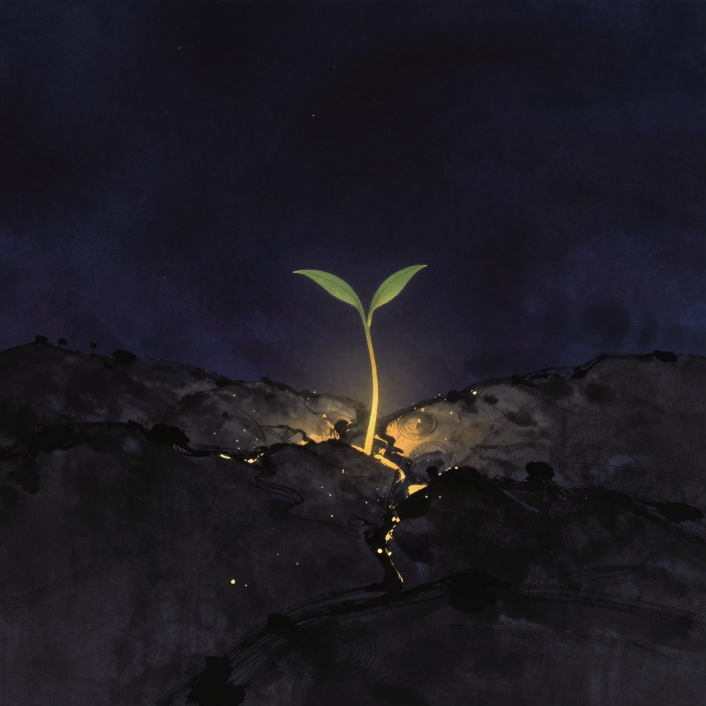 希望：一株嫩绿的芽从坚硬石缝中钻出，茎秆弯曲但尖端坚定向上，顶开几块碎石，四周大片空旷留白，石缝深处透出一缕极细微光