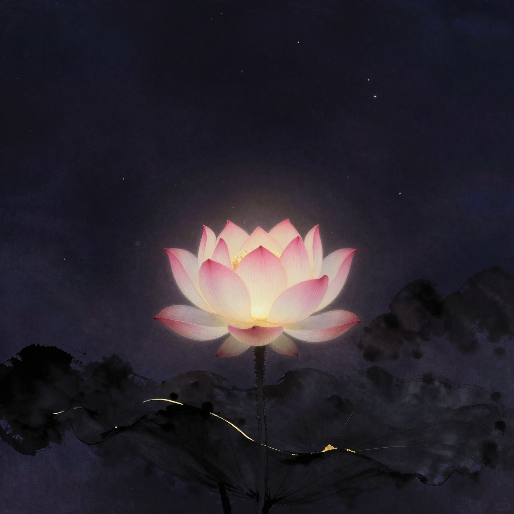 一乘圆教：一朵含苞待放的粉白莲花立于莲台之上，花瓣层叠紧裹，莲叶轻托于下，四周大片留白，花心深处透出一缕极细微光