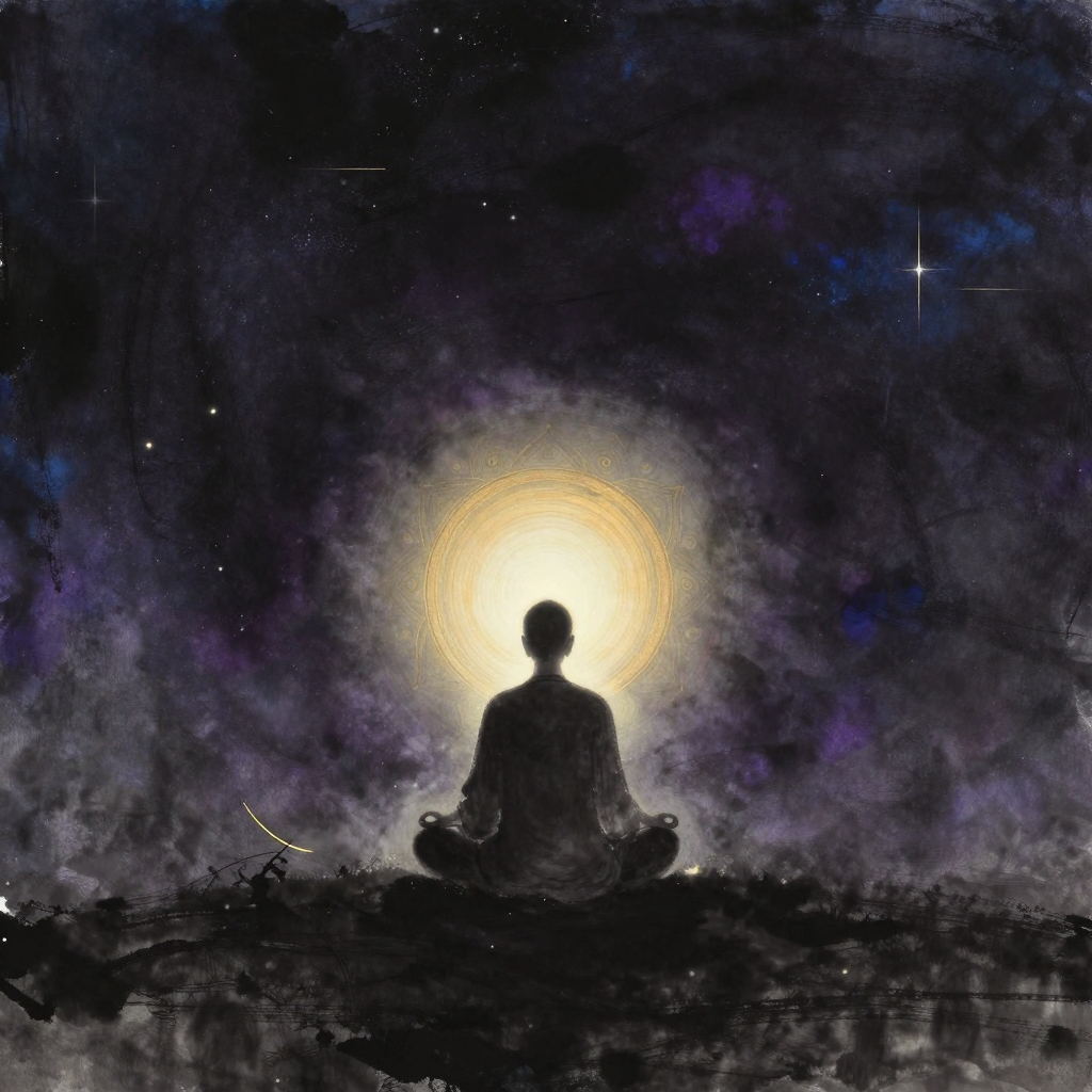 止禅：一位禅修者盘腿端坐于空旷处，脊背挺直，双手结定印，目光专注凝视前方一个悬立的圆形白色曼陀罗，四周一片沉静，唯有曼陀罗中心