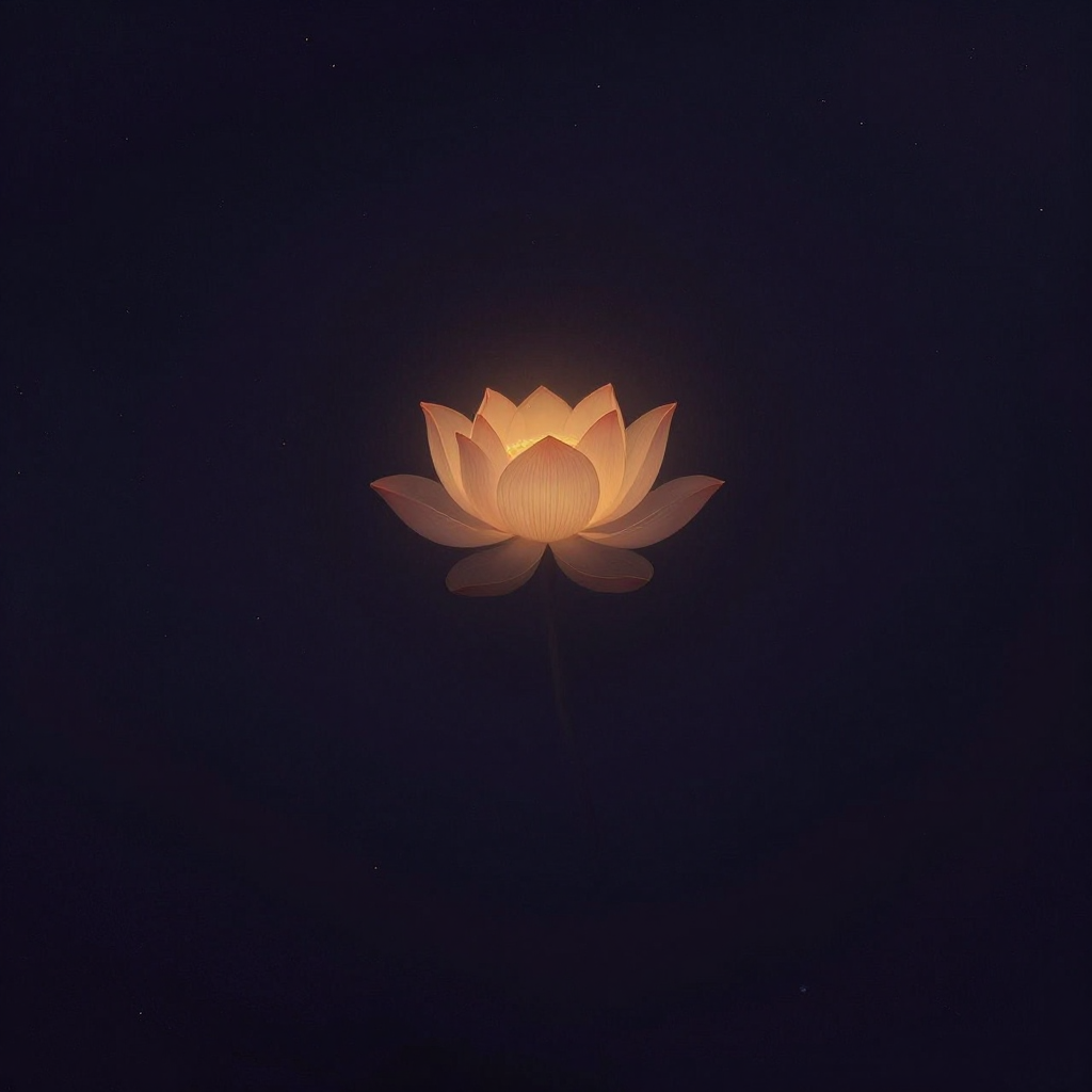 妙有：一朵莲花从虚空中浮现，花瓣边缘略透、轮廓若隐若现，无根无土，四周是大片空旷，仅有花瓣轮廓自身的微光柔和地透出