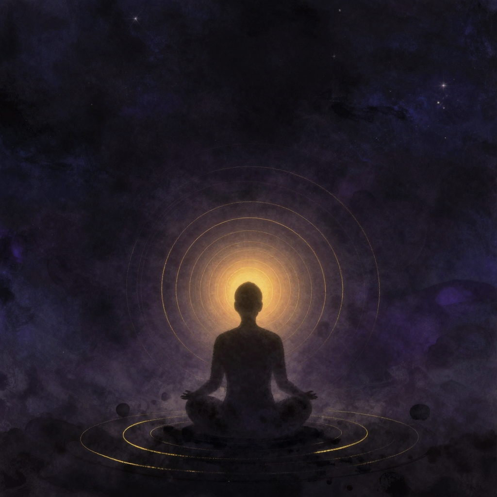 唱诵：一个盘坐的人背影，双手于胸前合十，喉轮处发出细微的同心圆波纹缓缓向外扩散，波纹疏密有致，四周大片空旷，声波中心是画面唯一