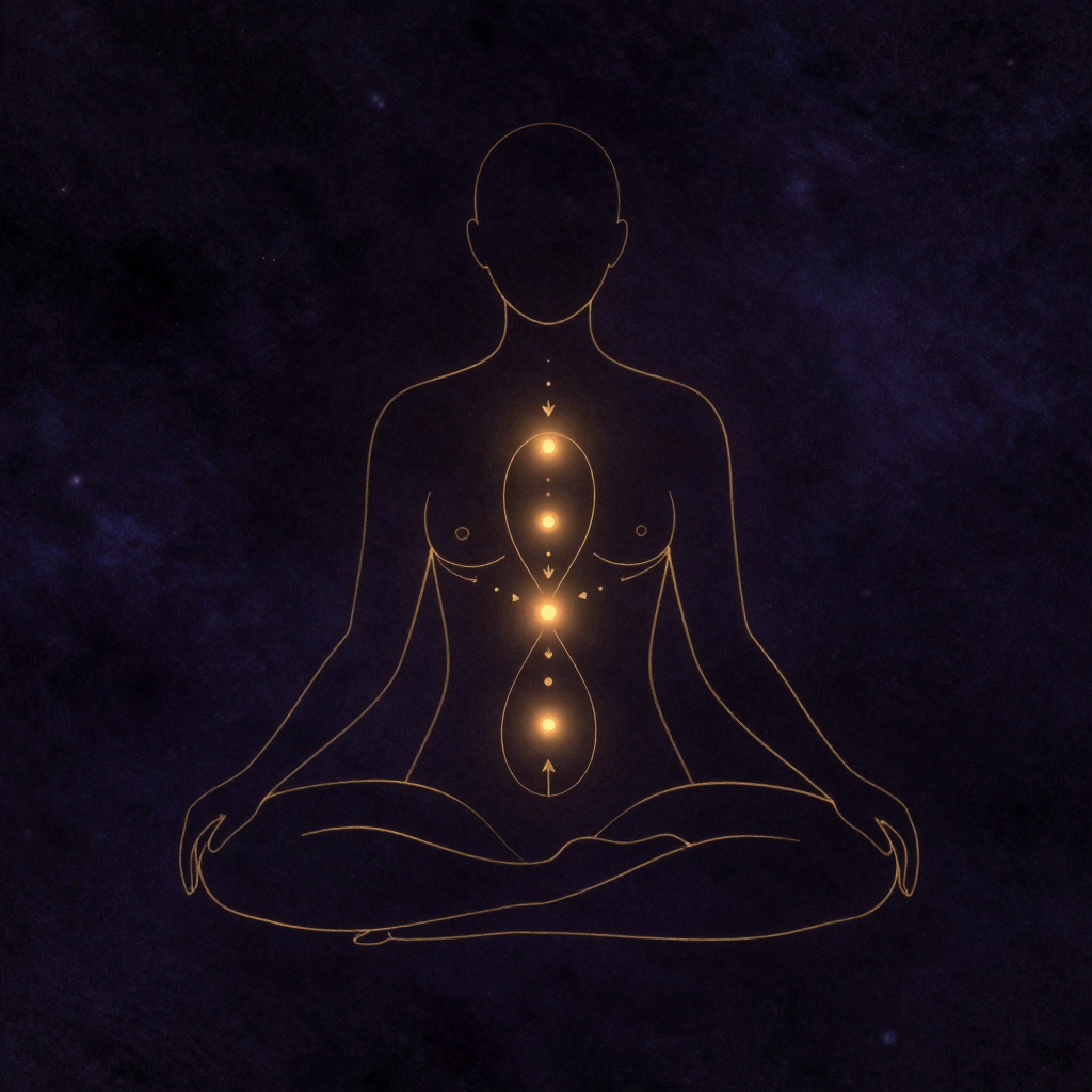 锁印：一个简易盘坐的人体轮廓，脊柱挺直，会阴、肚脐以下腹部、喉咙三处各有一道向内汇聚的环形弧形箭头，箭头细而清晰，人体轮廓简洁