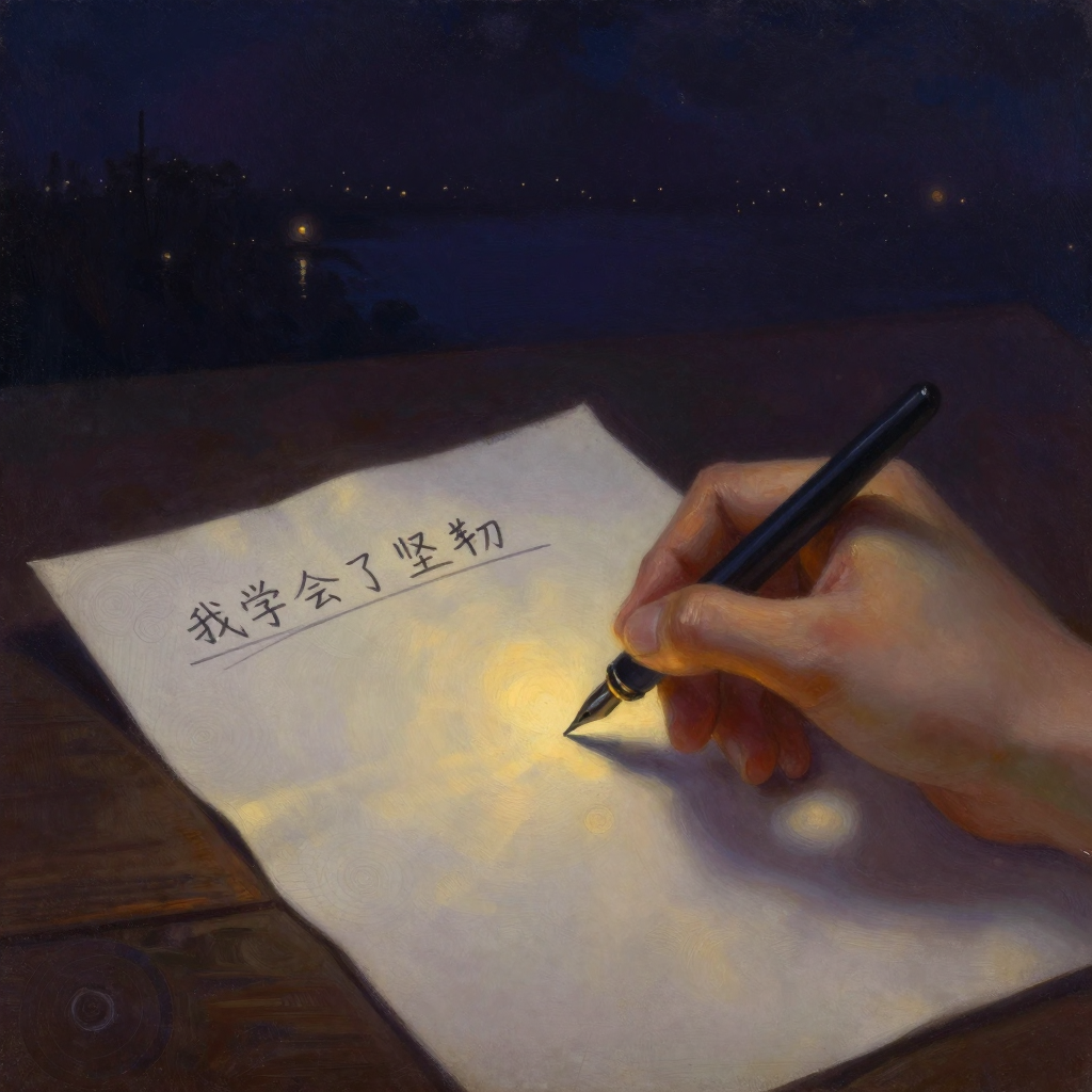 迈克尔·怀特：一张旧信纸摊开在木桌上，纸面原有标题『我是一个失败者』已被一道粗线划去，钢笔尖停在纸面，新标题『我学会了坚韧』正写下最后