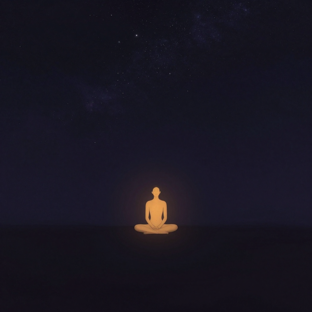 调身：一人静坐于空旷之中，脊柱自然微挺，双肩放松下沉，双足平踏地面，双手轻放膝上，面部平和宁静；四周大片留白，空无一物，仅余这