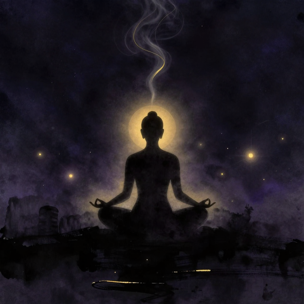 工夫论：一个端正静坐的人形背影，双手于腹前自然结定印，身形舒展放松。四周是大片留白，一缕轻烟般的轨迹自头顶向上悄然舒展，是画面唯