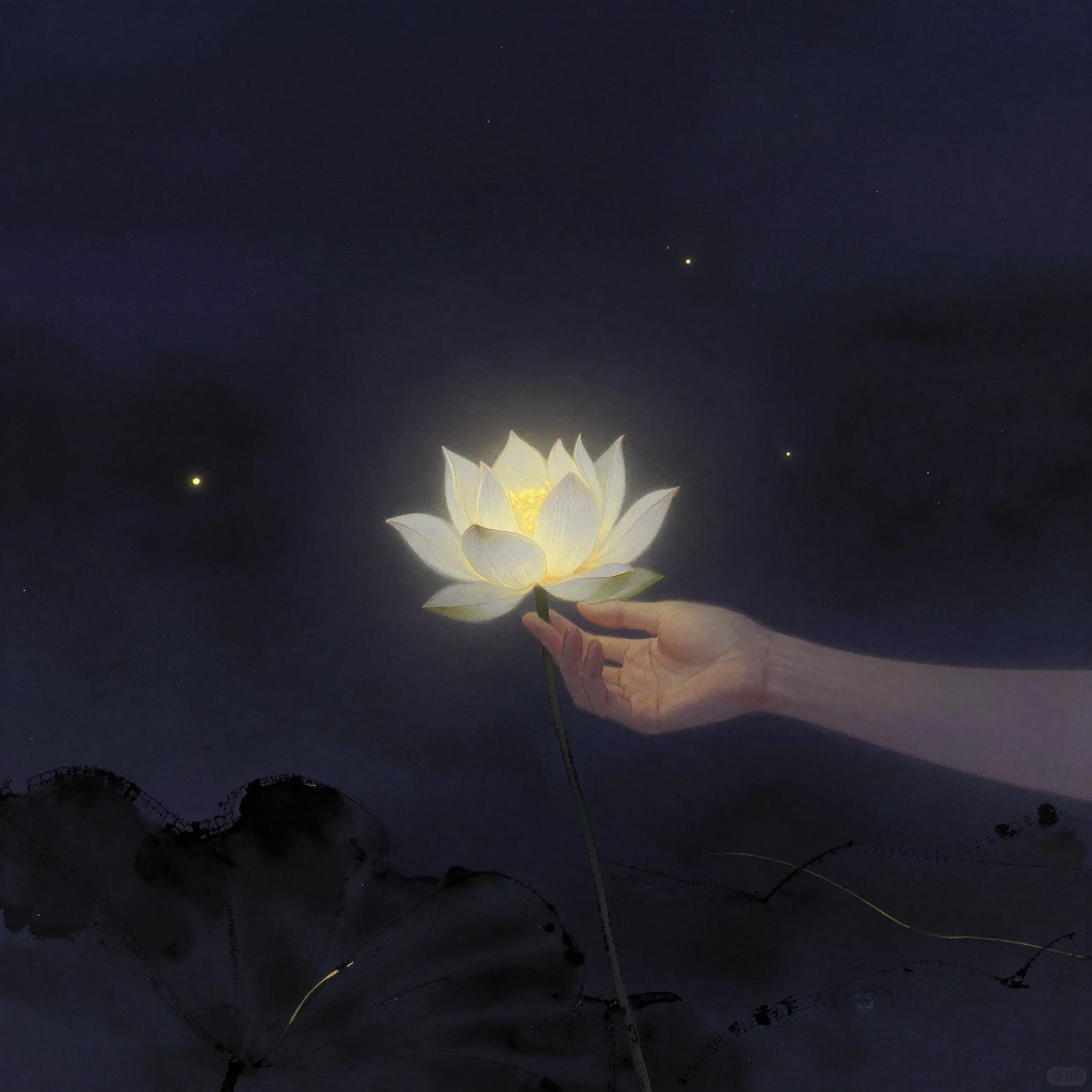 诸法实相：一只右手拇指与食指轻拈一朵白莲花的花茎，花瓣清晰舒展，手势安详放松，画面其余部分是大片静默的空旷，莲花是画面唯一的聚焦之