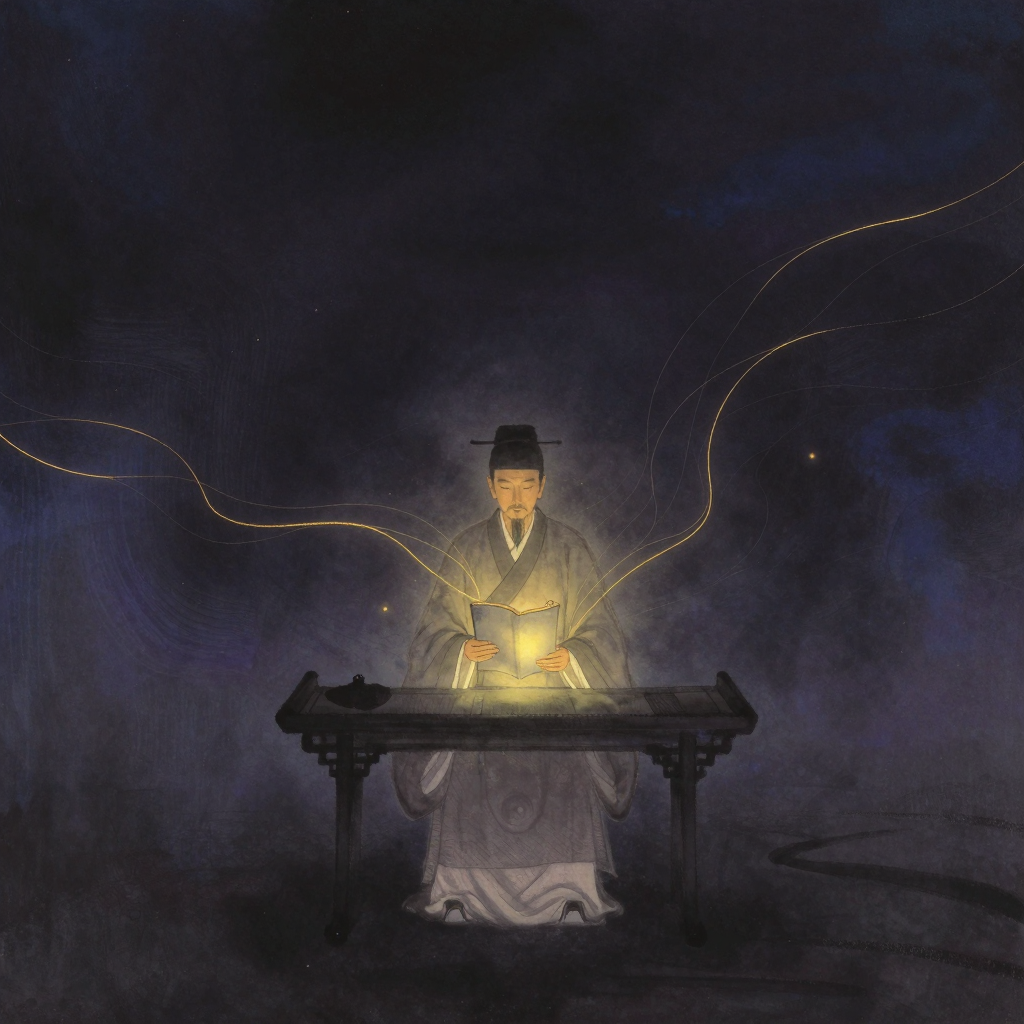 张载：一位中年士大夫立于书案前，手执书卷，面容清正；身后有大片留白，有细线般的流动气流环绕升腾，如云雾缥缈，气流的轨迹疏密有致