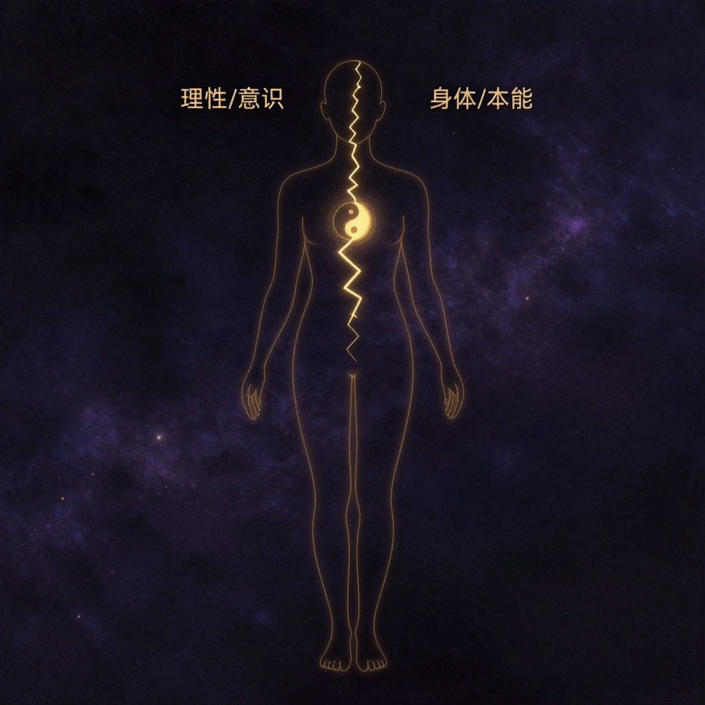 身心分裂：一具站立的人体轮廓立于空旷中，从头颅中央至躯干心腹处有一道垂直的锯齿状裂痕，裂痕两侧分别标注着“理性/意识”（头部区域）