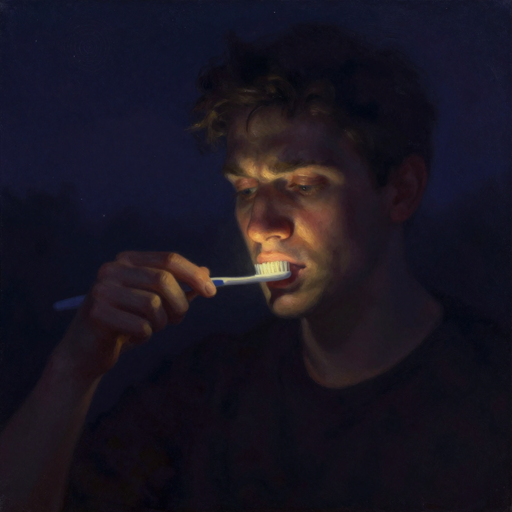 感觉运动：一只手以别扭角度握着牙刷，刷毛轻触牙龈，手指微颤，眉头轻锁，眼神集中，周围空间虚化，牙刷与齿面接触处是画面唯一的微光焦点