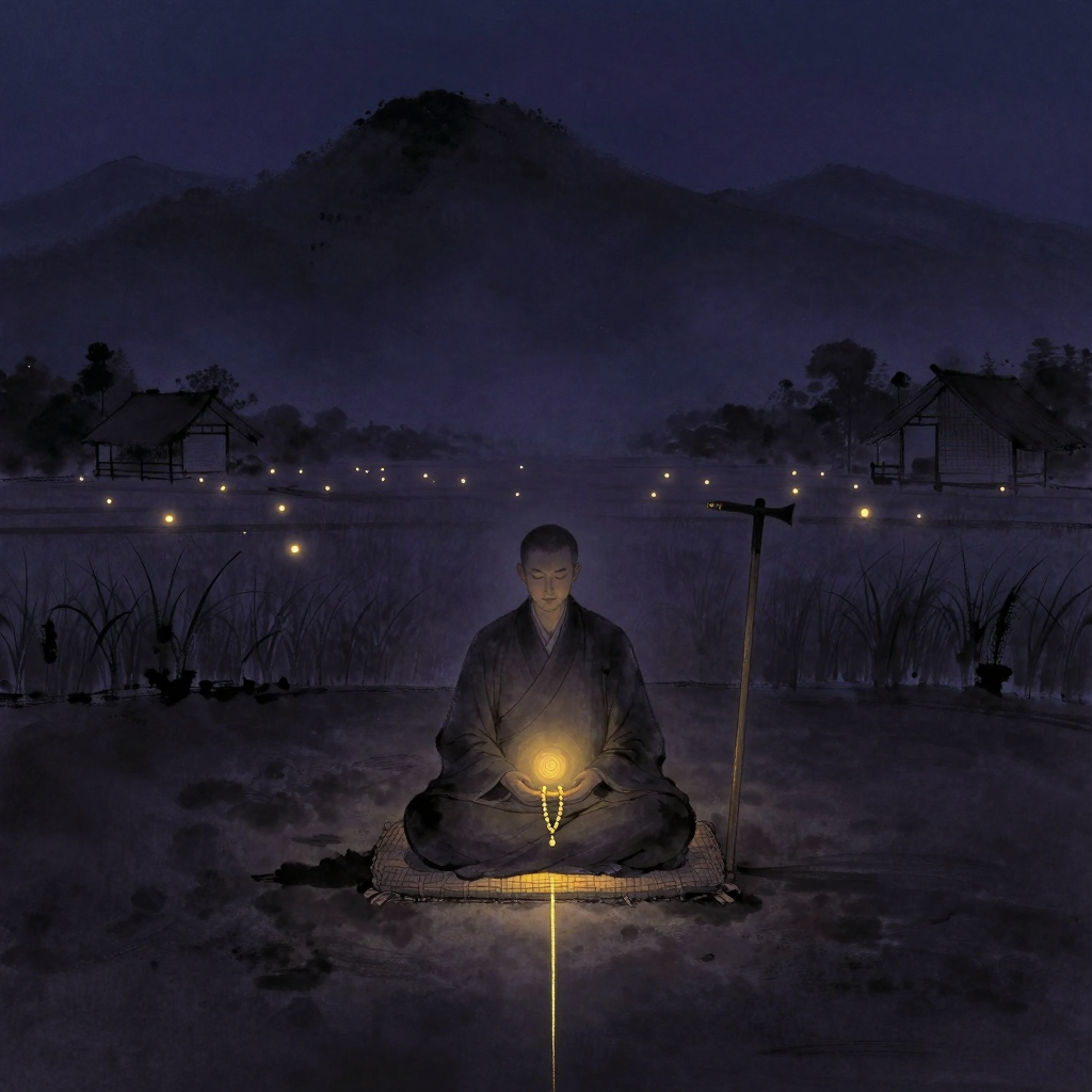 弘忍：弘忍端坐于旧蒲团上，手持念珠，身侧立一柄木锄；背景是黄梅双峰山的淡影，远处有稻田与几间简朴禅舍；大片空旷留白，蒲团前方地