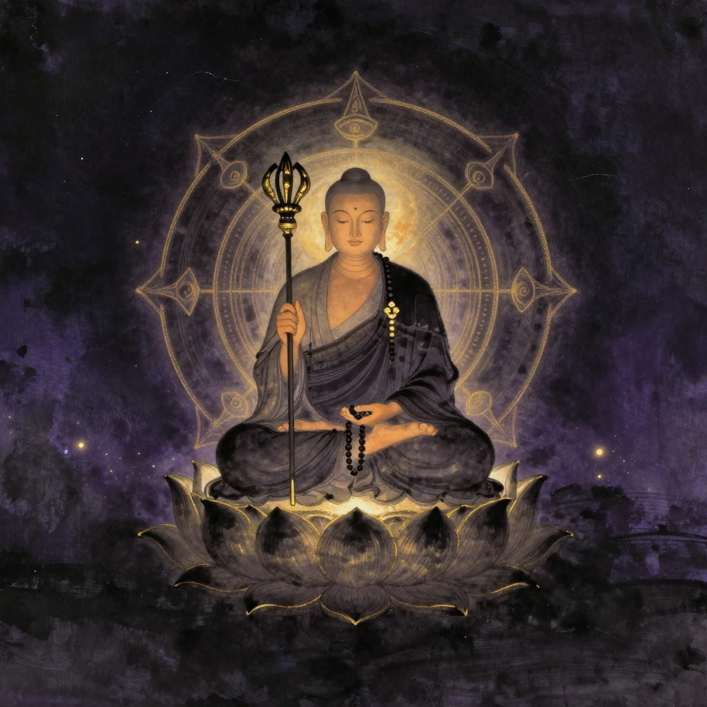 真言宗：空海法师端坐于莲花月轮之上，左手竖食指、右手握左手食指结智拳印，手持五股金刚杵与念珠；身后是胎藏界（莲花形）与金刚界（金
