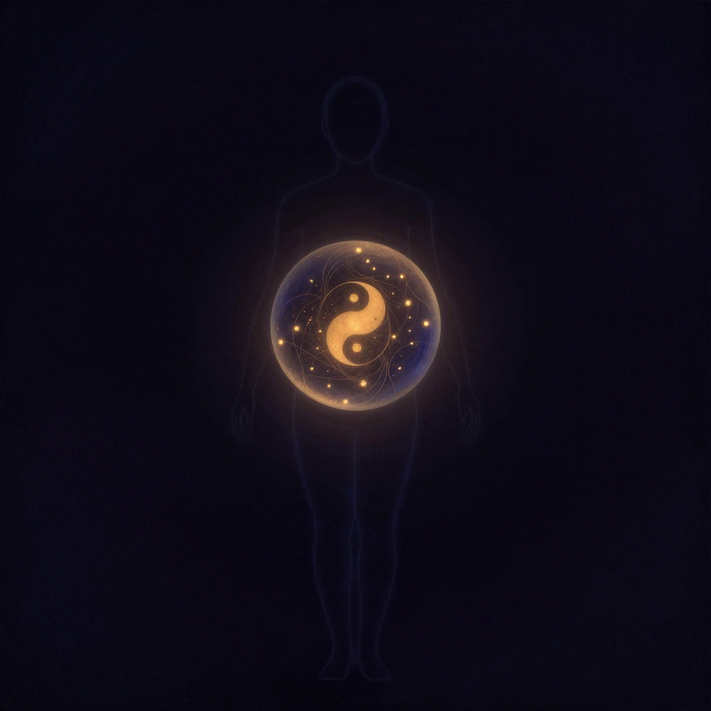 心理因素：一个半透明水晶球悬浮于简洁人体轮廓的胸腔位置，球体内有数道细密光点与细线在暗处缓缓流动，人体轮廓静立，四周大片留白，球体