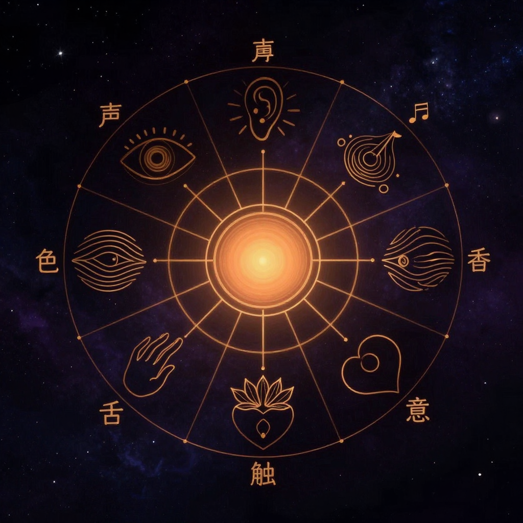 十八界：画面中央是一个简洁的圆轮，象征六识；其周围放射状对称排列六组意象——眼（目）、耳（耳）、鼻（鼻）、舌（舌）、身（手）、意