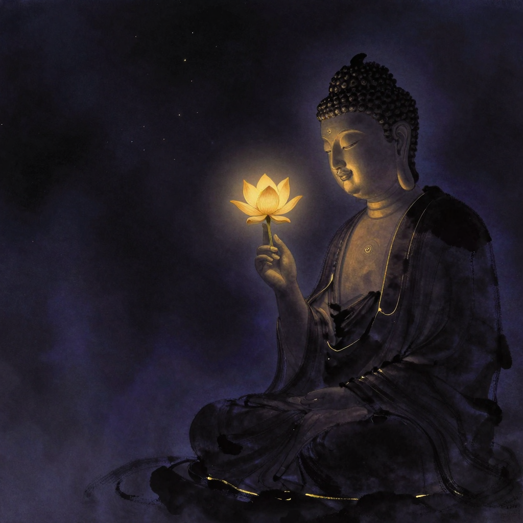 涅槃妙心：佛陀于灵山法会中，指尖轻拈一朵花瓣舒展的金波罗花，花茎微垂；一旁摩诃迦叶面容安详，嘴角含笑，目光静落于花上。两人之间无言