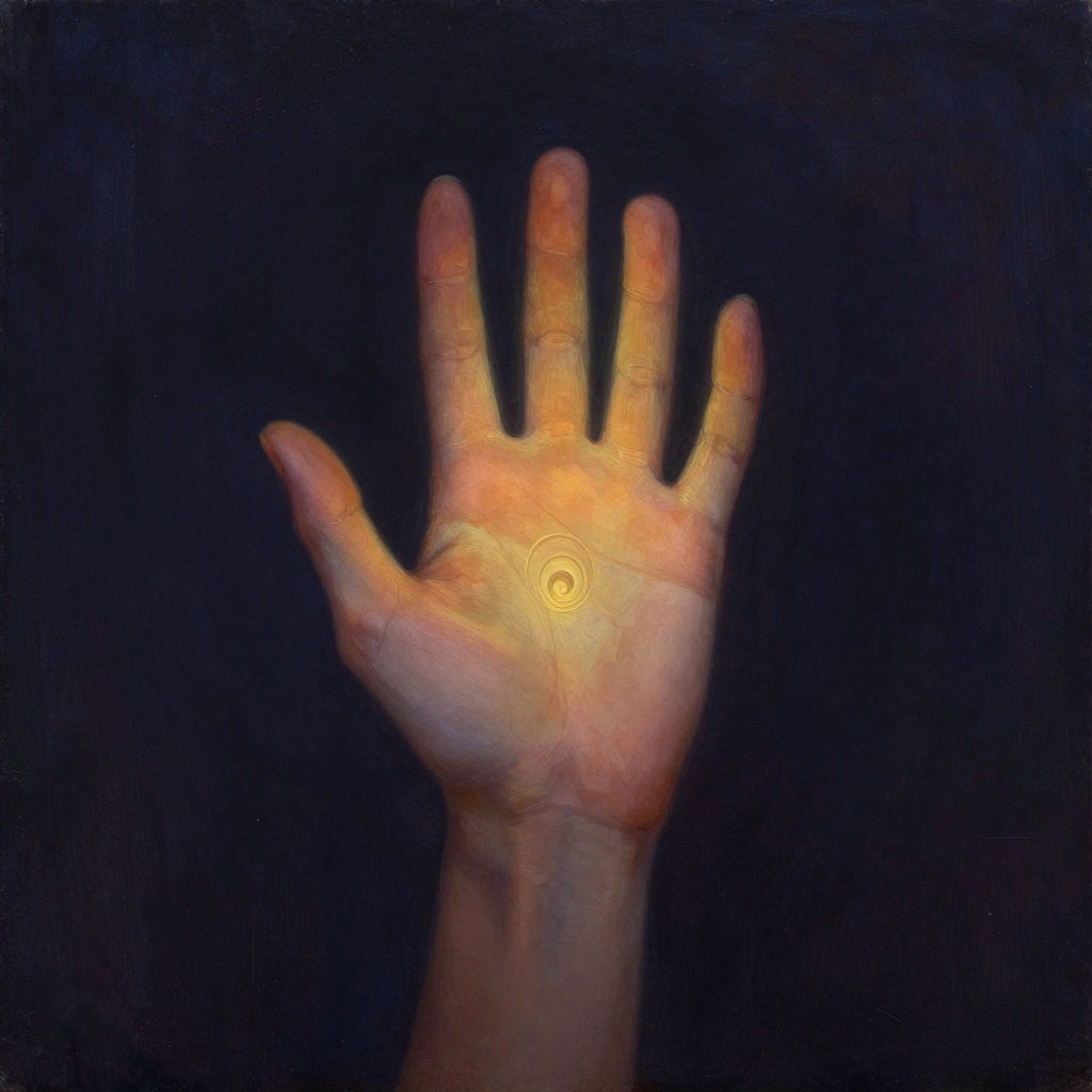 雅各布森：画面中央一只右手从紧握拳头的姿态缓缓松开，五指逐渐张开、掌心向上，指节与掌纹从紧张到舒展的线条对比清晰，手部置于空旷深色