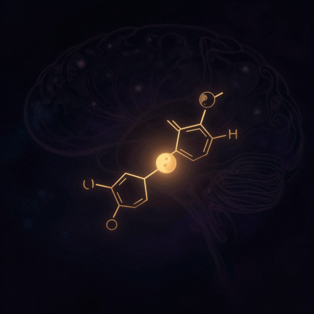 神经肽：一条由5个氨基酸残基组成的短链分子悬浮于空旷深色空间中，链上清晰可见羟基与氨基等化学基团，背景隐约浮现极淡的大脑轮廓与突