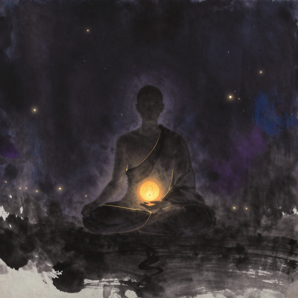 马哈希禅法：一位禅修者盘坐于空处，脊背挺直，双手轻放膝上，腹部轮廓清晰——随呼吸自然隆起与平复，形成一道柔和的动态曲线，四周大片留白