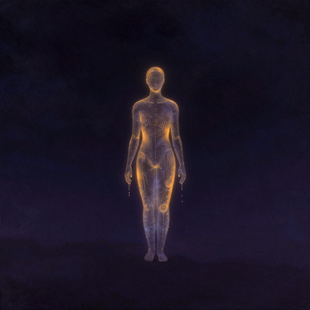失控：一座冰雕人形立于空旷之中，其轮廓正从边缘开始模糊、滴落成串水珠，表面纹理如被温风抚过般渐次消融，露出内里透明而未定的形态